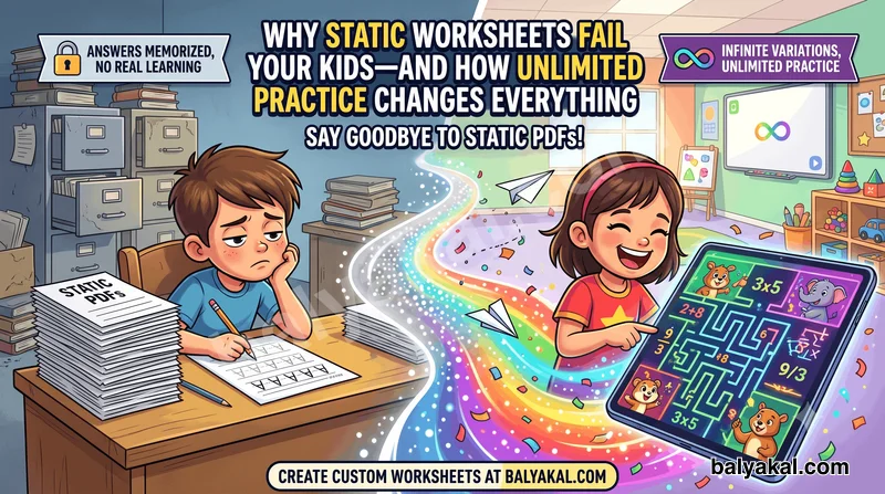 Read Why Static Worksheets Fail Your Kids And How Unlimited Practice Changes Everything parenting guide - Balyakal educational preview