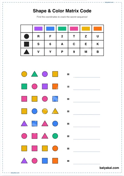 Color shape matrix page 3 - Printable worksheet preview