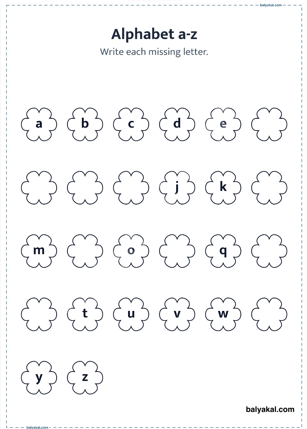 Missing English Alphabets - Printable worksheet preview