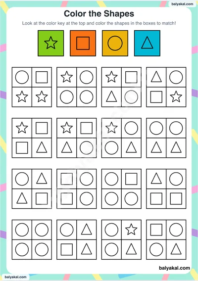 Shape match and color page 3 - Printable worksheet preview